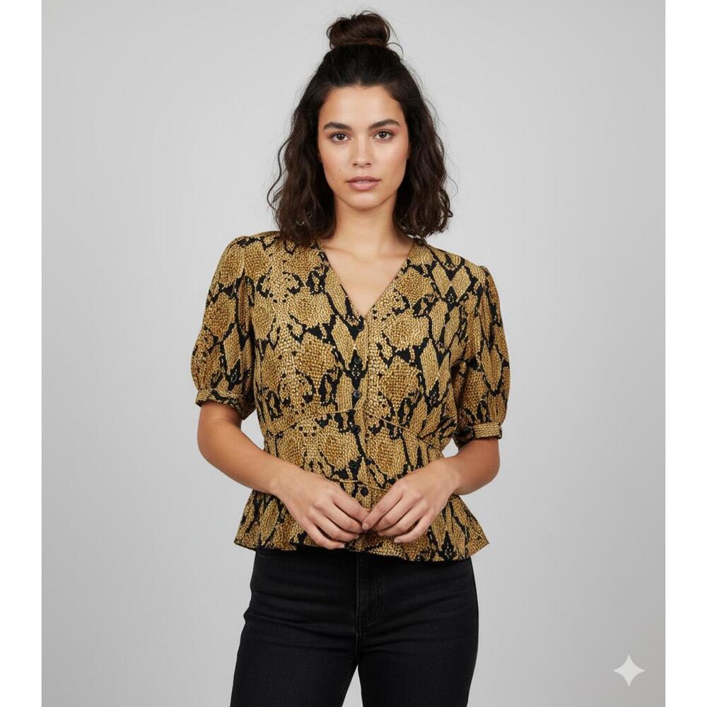 ba & sh Women Top Stylish Snake Print Top - Mustard & Black Size S